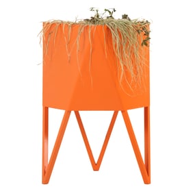 A LARGE DECA STEEL PLANTER IN CUSTOM ORANGE POWDER COATED FINISH.
