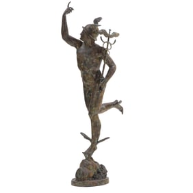BRONZE FIGURE OF MERCURY HAVING A FAUX VERDE FINISH.