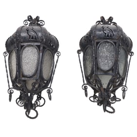 PAIR OF ITALIAN WROUGHT IRON HANGING LANTERNS WITH CUT OUT BIRD DESIGN C 1920.