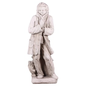 A 44" CAST STONE FIGURE OF A MAN IN A TRENCH COAT.