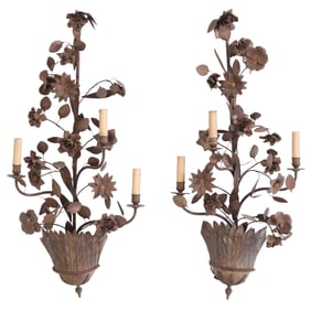 PAIR TIN AND IRON WALL SCONCES HAVING FIVE LIGHTS AND FLORAL DECORATION C 1940.