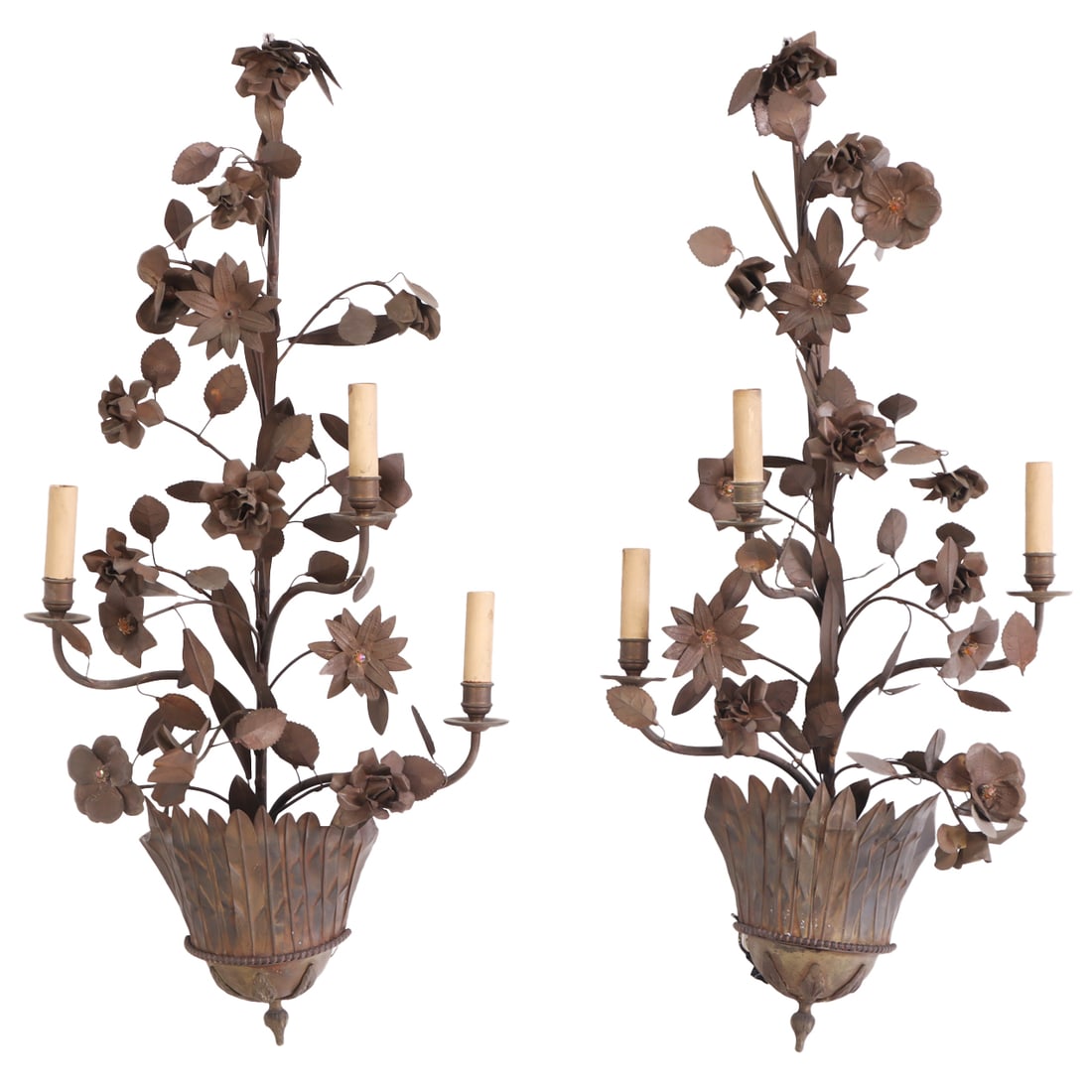 PAIR  TIN AND IRON WALL SCONCES HAVING FIVE LIGHTS AND FLORAL DECORATION C 1940. (1 of 5)