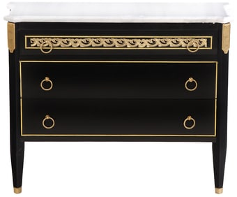 EBONZED BRONZE MOUNTED THREE DRAWER MARBLE TOP COMMODE IN THE DIRECTOIRE STYLE. ONE OF TWO.