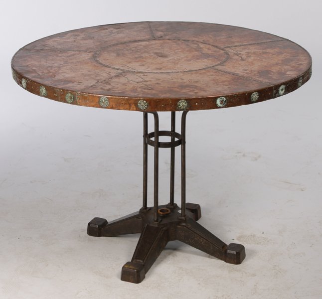 FRENCH CAST IRON GARDEN TABLE COPPER TOP: A good French cast iron garden table having a copper top supported on cast iron Art Deco base circa 1920. Ht: 29.5" Dia: 41"