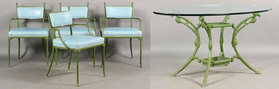 VINTAGE GARDEN SET TABLE 4 CHAIRS CIRCA 1960: A Hollywood Regency style painted green aluminum artichoke form patio set consisting of a glass top table and four chairs circa 1960. Aluminum does not rust, great for the porch or outside. Ht: 29.75"