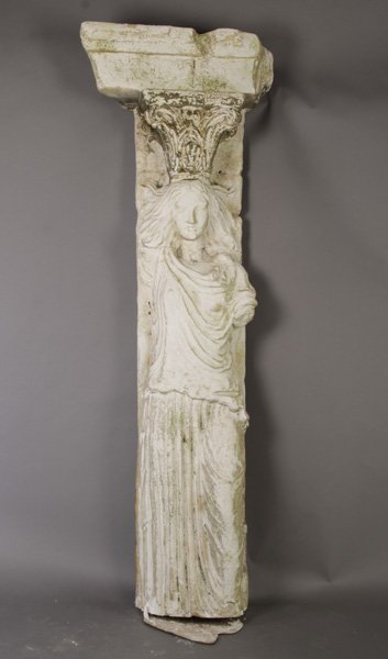 LARGE CAST PLASTER ARCHITECTURAL CARYATID C.1930: A large cast plaster figural architectural caryatid circa 1930. Ht: 88" Width: 27" Depth: 12"