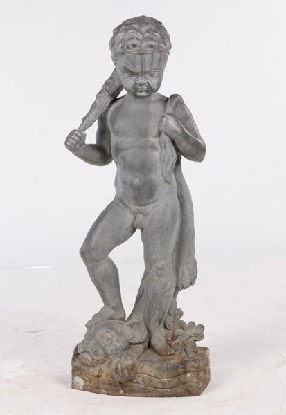 SIGNED WHEELER WILLIAMS LEAD GARDEN FIGURE: A very good signed Wheeler Williams "Hercules" lead garden figure, part of the God series with foundry mark circa 1930. Ht: 33.5" Width: 12" Depth: 7"