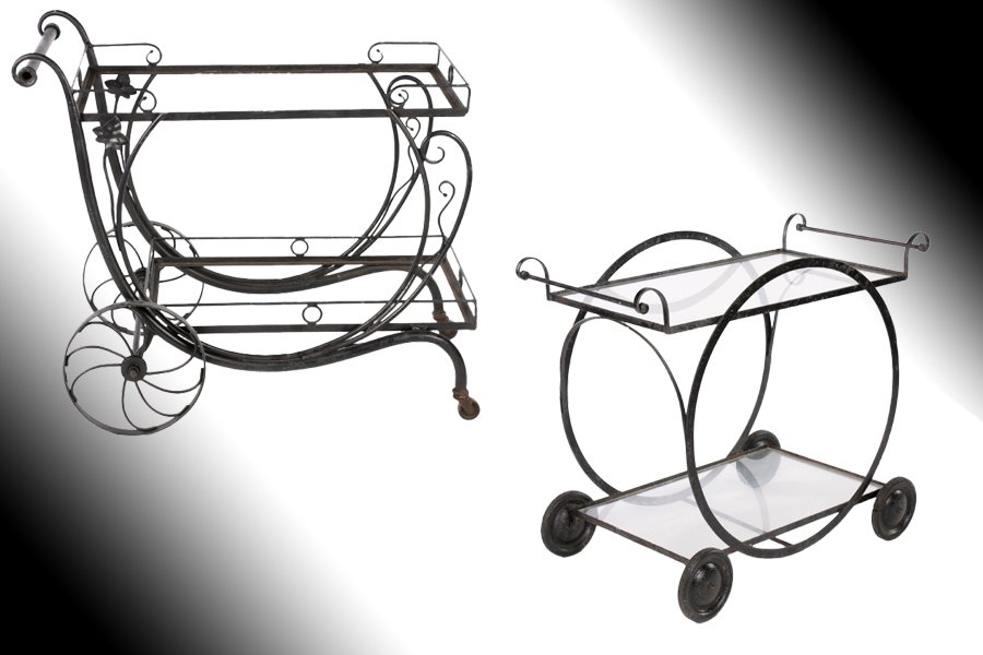 2 SALTERINI WROUGHT IRON SERVING CARTS C. 1950: Two wrought iron serving carts, one Salterini and the other in the style of Salterini circa 1950. Ht: 33" Width: 37.5" Depth: 20"