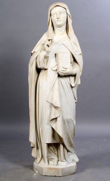 19TH C. FINELY CARVED ALABASTER FIGURE OF A SAINT: A nineteenth Century finely carved alabaster figure of a saint holding a quill and bible. Ht: 60" Width: 20" Depth: 15"