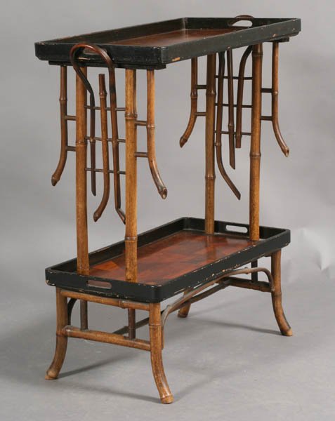 FRENCH BAMBOO ART DECO 2 TIERED TABLE INLAID: A French bamboo Art Deco two-tiered table having inlaid trays supported on stylized bamboo legs circa 1900. Ht: 30.5" Width: 26" Depth: 13.5"
