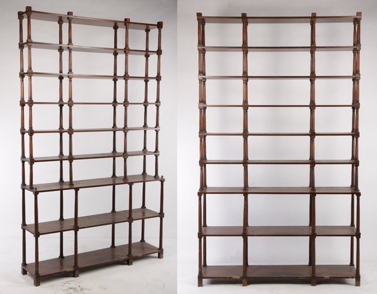 LARGE PAIR FRENCH MAHOGANY ETEGERES C. 1950: Large pair of French mahogany multi-tiered etegeres having a stepped out base with brass finials circa 1950.