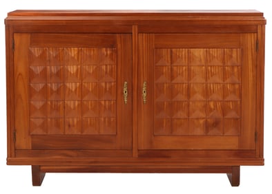 FRENCH MAHOGANY TWO DOOR SERVER WITH ADJUSTABLE SHELF C 1940 HAVING A DIAMOND PATTERN IN THE