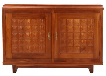FRENCH MAHOGANY TWO DOOR SERVER WITH ADJUSTABLE SHELF C 1940 HAVING A DIAMOND PATTERN IN THE