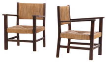 PAIR WOOD AND CORD FRENCH OPEN ARM CHAIRS C 1940.