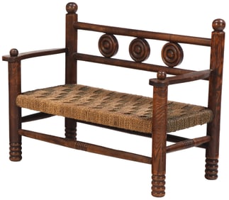 ELEGANT FRENCH ELM AND CORD BENCH WITH BALL FINIALS ATTRIBUTED TO CHARLES DUDOUYT C 1940.