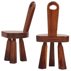 PAIR "PRIMITIVE" FRENCH MAHOGANY THREE LEG CHAIRS C 1970.