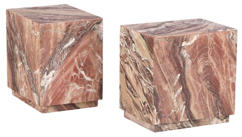 A PAIR OF LOW MARBLE PEDESTALS HAVING RECESSED BASES.