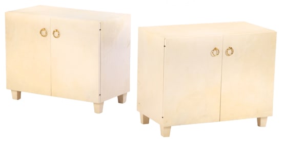PAIR PARCHMENT COVERED TWO DOOR CABINETS WITH BRASS RING HARDWARE C 1950 IN THE MANNER OF