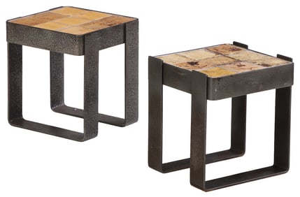 TWO FRENCH IRON AND TILE END TABLES ATTRIBUTED TO CAPRON C 1970.