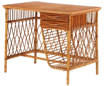 FRENCH RATTAN DESK HAVING TWO DRAWERS AND A WOOD TOP C 1950.