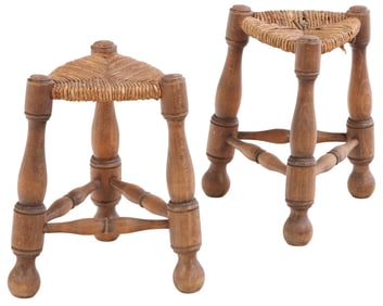 PETITE PAIR OF FRENCH TURNED WOOD AND RUSH STOOLS C 1950.
