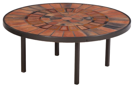 FRENCH TILE AND IRON COFFEE TABLE C 1965 STAMPED "CAPRON VALLAURIS" BY ROGER CAPRON.