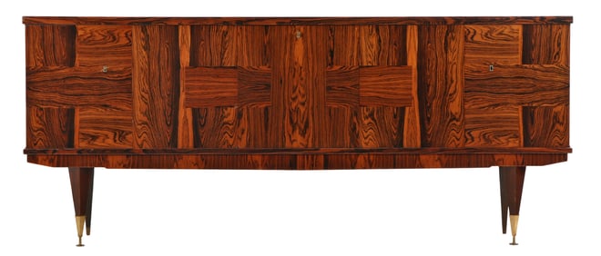RARE FRENCH ROSEWOOD SIDEBOARD WITH A PATCHWORK DESIGN HAVING A CENTRAL BAR COMPARTMENT C 1960.