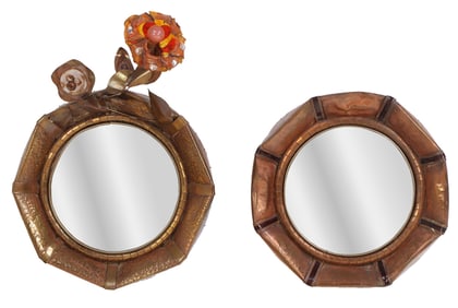 TWO HAMMERED COPPER MIRRORS C 1970 FROM PARIS. SIGNED ON REVERSE.