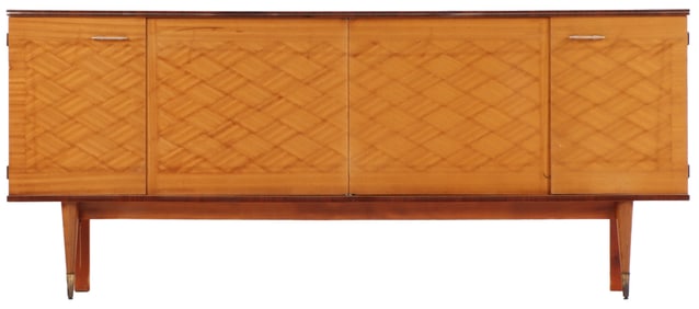 FRENCH BLEACHED PARQUET MAHOGANY FOUR DOOR SIDEBOARD WITH MAHOGANY INTERIOR C 1960.