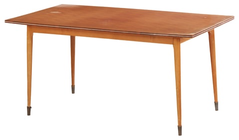 FRENCH BLEACHED PARQUET MAHOGANY DINING TABLE RESTING ON ROUND LEGS C 1960.