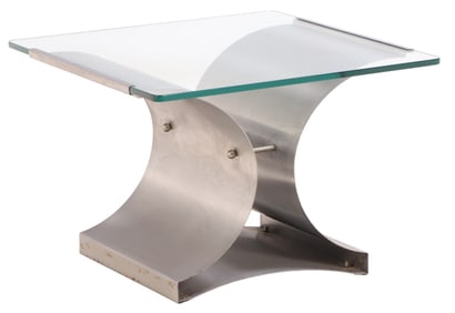 STEEL AND GLASS TABLE IN THE MANNER OF MICHEL BOYER C 1970.