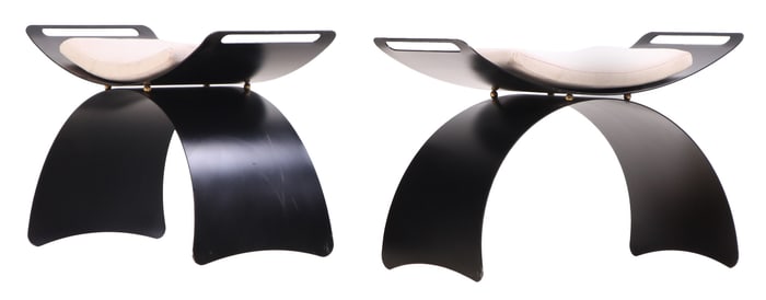 PAIR PAINTED IRON BUTTERFLY FORM BENCHES WITH LOOSE CUSHIONS.