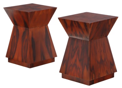 PAIR OF FIGURED WALNUT DRINKS TABLES.