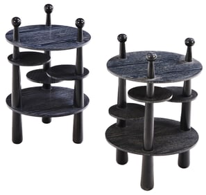 PAIR ROUND TABLES WITH SWING OUT DRINKS STANDS IN DARK CERUSED OAK IN THE MANNER OF JEAN ROYERE.