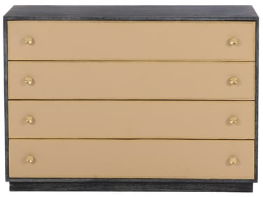 ONE OF TWO DARK CERUSED OAK DRESSERS HAVING LEATHER DRAWER FRONTS WITH GREEK KEY DESIGN IN THE