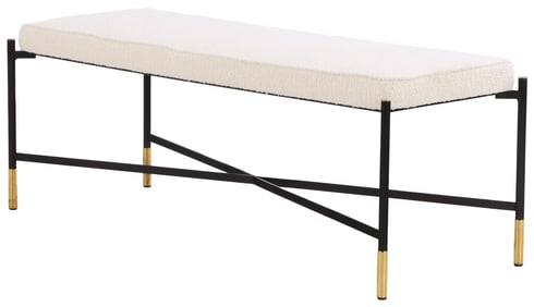 ONE OF TWO ITALIAN IRON, BRASS AND UPHOLSTERED BENCHES IN THE MANNER OF ICO PARISI.