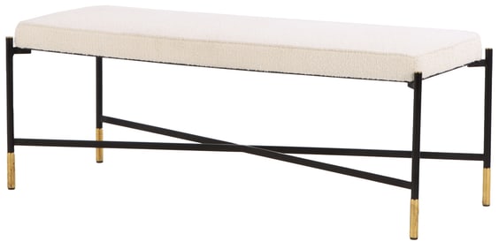 ONE OF TWO ITALIAN IRON, BRASS AND UPHOLSTERED BENCHES IN THE MANNER OF ICO PARISI.