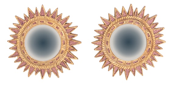 SMALL PAIR OF LILAC COLORED VINTAGE GLASS AND RESIN MIRRORS IN THE MANNER OF LINE VAUTRIN.