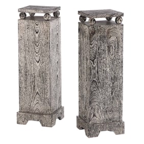 PAIR CERUSED OAK PEDESTALS WITH BALL FORM SUPPORTS. SUPPORTS.