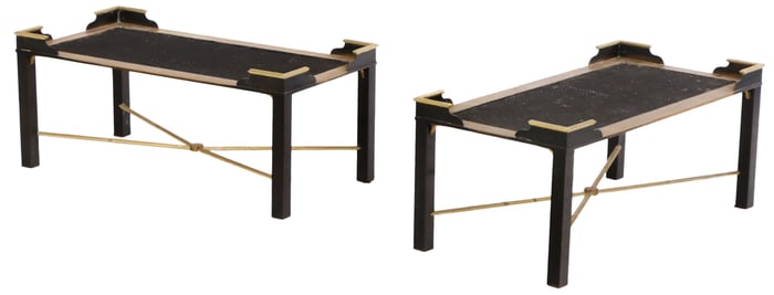 PAIR OF TWO TONE BRASS AND MESH COFFEE TABLES WITH X STRETCHER IN THE MANNER OF JANSEN C 1960.