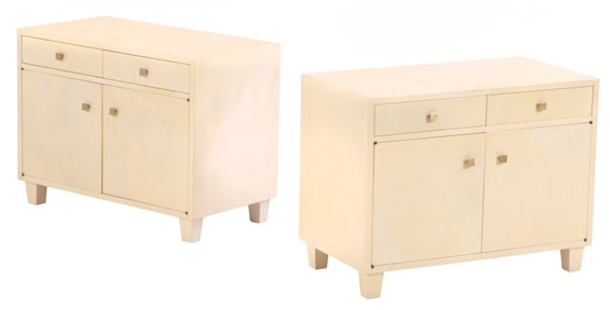 PAIR OF PARCHMENT COVERED CABINETS C 1950 HAVING DRAWERS AND DOORS. WOULD MAKE GREAT NIGHT STANDS.