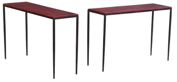 PAIR HAND STITCHED LEATHER AND IRON CONSOLE TABLES IN THE MANNER OF JEAN-MICHEL FRANK.