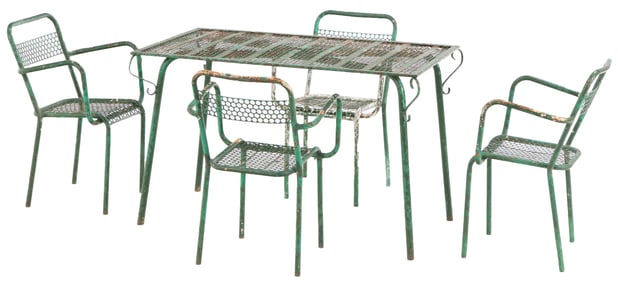 PAINTED IRON FRENCH TABLE AND FOUR ARM CHAIRS WITH PERFORATED DETAIL IN THE MANNER OF MATEGOT C