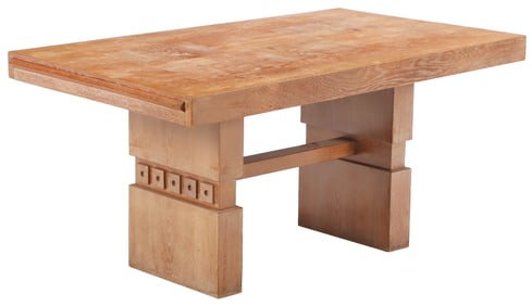 FRENCH CERUSED OAK DINING TABLE HAVING GEOMETRIC MOTIFS AND TWO ORIGINAL  LEAVES C 1940.