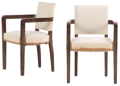 PAIR FRENCH CERUSED OAK ARM CHAIRS C 1940.