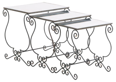 FRENCH SCROLL FORM PAINTED AND GILT IRON MIRROR TOP NESTING TABLES IN THE MANNER OF JEAN ROYERE C