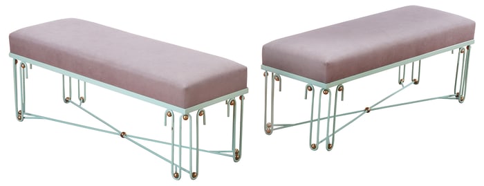 LARGE PAIR OF PAINTED IRON AND BRASS UPHOLSTERED BENCHES IN THE MANNER OF JEAN ROYERE.