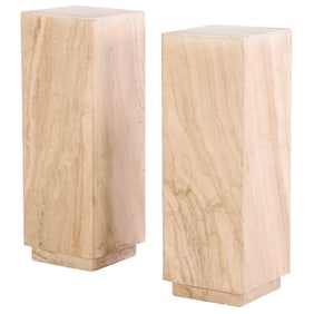 PAIR OF ONE PIECE TRAVERTINE PEDESTALS WITH RECESSED BASE.