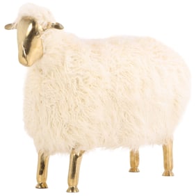 A BRASS AND FAUX LAMBS WOOL FIGURE OF A SHEEP IN THE MANNER OF CLAUDE AND FRANCOIS-XAVIER LALANNE.