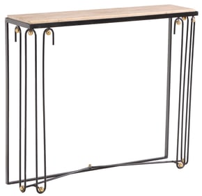ONE OF TWO PAINTED IRON CONSOLE TABLES WITH INSET TRAVERTINE TOPS AND BRASS BALL DECORATION IN THE